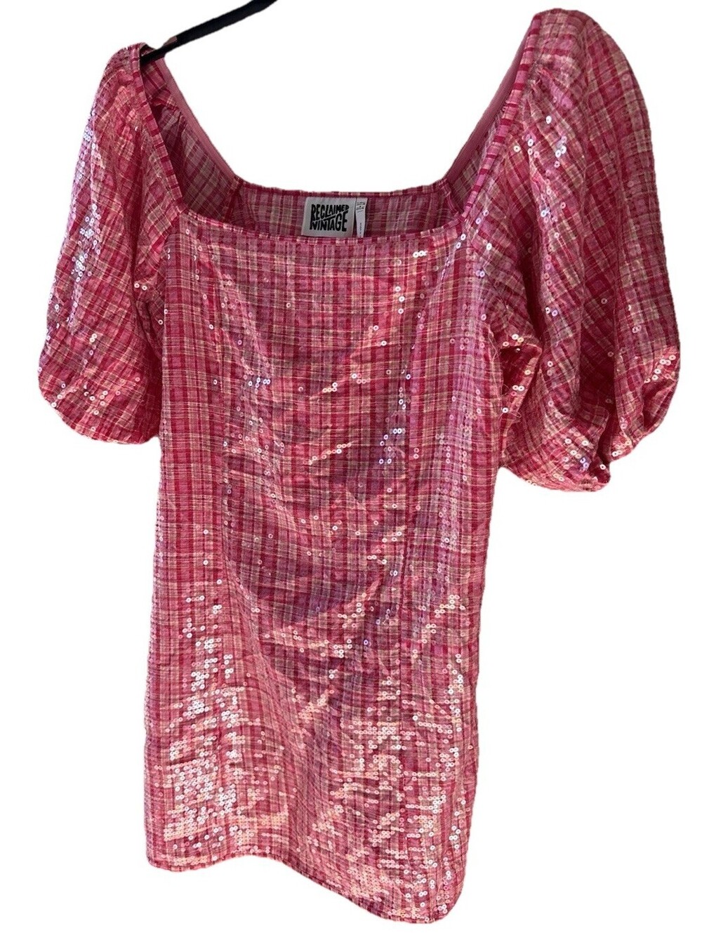 Reclaimed Vintage Pink Sequin Puff Sleeve Mini Dress Size 10